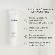 Biela tuba Blemish SOS Rapid Action Target Gel je zobrazená. Text ju označuje ako „RAPID ACTION TREATMENT GEL“. Štyri odrážky so symbolmi zaškrtnutia uvádzajú benefity: cieli a znižuje viditeľnosť nedokonalostí, upokojuje viditeľné začervenanie, podporuje čistý a zdravo vyzerajúci vzhľad pleti a môže sa používať pod aj nad make-upom.
