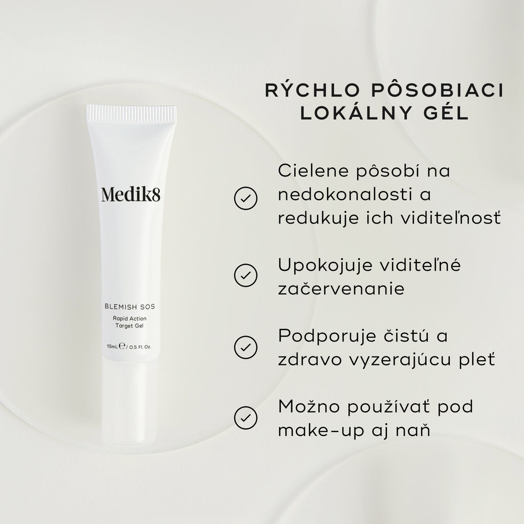 Biela tuba Blemish SOS Rapid Action Target Gel je zobrazená. Text ju označuje ako „RAPID ACTION TREATMENT GEL“. Štyri odrážky so symbolmi zaškrtnutia uvádzajú benefity: cieli a znižuje viditeľnosť nedokonalostí, upokojuje viditeľné začervenanie, podporuje čistý a zdravo vyzerajúci vzhľad pleti a môže sa používať pod aj nad make-upom.
