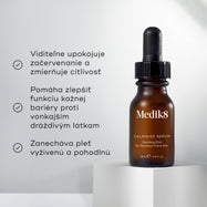 Na obrázku je hnedá sklenená fľaštička so kvapkadlom, v ktorej je sérum Calmwise. Tri body s háčikmi uvádzajú výhody: Viditeľne upokojuje začervenanie a pomáha zmierniť citlivosť, pomáha zlepšiť funkciu kožnej bariéry proti vonkajším dráždivým vplyvom a zanecháva pleť vyživenú a upokojenú.