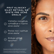 Na obrázku je tvár ženy s malými bodkami prípravku Crystal Retinal Ceramide Eye naneseného pod jedným okom. Text zdôrazňuje: „PRVÝ PRÍPRAVOK NA SVETE S KLINICKOU ÚČINNOSŤOU PRE OBLASŤ POD OČAMI“. Tri body so začiarknutím uvádzajú výhody: viditeľne rozjasňuje, vyhladzuje a napína oblasť okolo očí, cez noc vypĺňa oblasť okolo očí a zmierňuje opuchy.