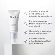 Tuba očného krému Eyelift Peptides je zobrazená spolu so štyrmi zaškrtnutými bodmi, ktoré uvádzajú jeho benefity: viditeľne nadvihuje kontúry očí a vyhladzuje jemné línie, redukuje vzhľad tmavých kruhov a opuchov, hydratuje a upokojuje jemné očné okolie a vytvára ideálny vyhladený podklad pod make-up.