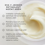 Záber zblízka na nočný krém Medik8 Intelligent Retinol Smoothing Night Cream, na ktorom je vidieť konzistenciu krému vo vnútri nádobky. V hornej časti je nápis „TWO-IN-ONE RETINOL NIGHT CREAM“ a vľavo je zoznam výhod s odškrtnutými bodmi.