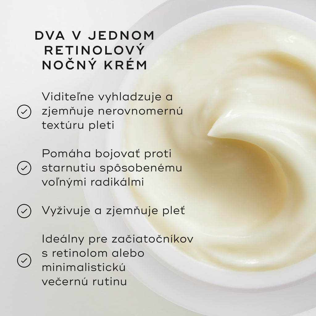 Záber zblízka na nočný krém Medik8 Intelligent Retinol Smoothing Night Cream, na ktorom je vidieť konzistenciu krému vo vnútri nádobky. V hornej časti je nápis „TWO-IN-ONE RETINOL NIGHT CREAM“ a vľavo je zoznam výhod s odškrtnutými bodmi.