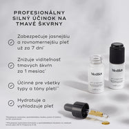 Na obrázku sú dve malé biele fľaštičky s prípravkom Oxy-R Peptides a kvapkami žltého séra. Text zdôrazňuje: „PROFESIONÁLNE ÚČINKY NA TMAVÉ SKVRNY“. Uvedené výhody sú: Zaisťuje jasnejšiu a rovnomernejšiu pleť už za 7 dní, Zmierňuje viditeľné tmavé škvrny za 1 mesiac, Účinný na všetky typy a odtiene pleti a Hydratuje a vyhladzuje pleť.