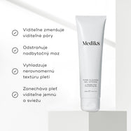 Vedľa tuby čistiaceho gélu Pore Cleanse Gel Intense je zobrazený zoznam benefitov s tvrdením, že produkt viditeľne redukuje rozšírené póry, odstraňuje nežiaducu mastnotu, vyhladzuje textúru pleti a zanecháva ju zjemnenú.