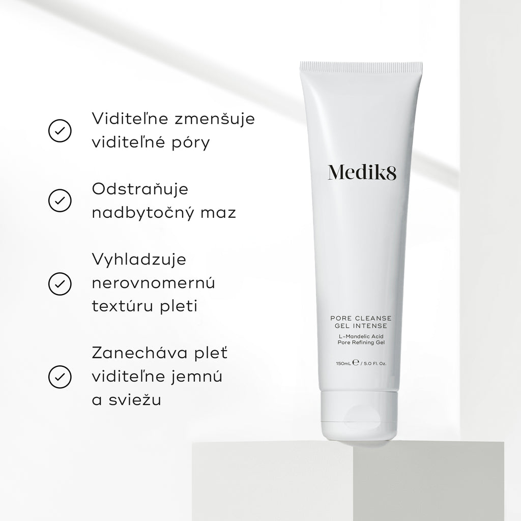 Vedľa tuby čistiaceho gélu Pore Cleanse Gel Intense je zobrazený zoznam benefitov s tvrdením, že produkt viditeľne redukuje rozšírené póry, odstraňuje nežiaducu mastnotu, vyhladzuje textúru pleti a zanecháva ju zjemnenú.