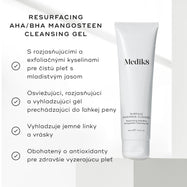Tuba prípravku Medik8 Surface Radiance Cleanse na svetlom pozadí s grafickým motívom začiarknutia. Text vyzdvihuje jeho výhody: rozjasňujúce a exfoliačné kyseliny pre mladistvý lesk, osviežujúce a vyhladzujúce zloženie v podobe gélu, ktorý sa mení na ľahkú penu, vyhladzuje jemné linky a vrásky a je obohatené o antioxidanty pre zdravý vzhľad pleti.