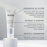 Tuba krému Advanced Day Eye Protect stojí na bielom podstavci. Text zvýrazňuje pokročilé UV filtre pre ochranu SPF 30, extrakt z moringy na ochranu pred environmentálnymi stresormi a kofeín s hesperidínom na zmiernenie tmavých kruhov a opuchov v okolí očí.
