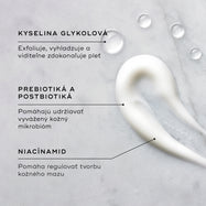 Vzorka krému The Balance Moisturiser je zobrazená na textúrovanom povrchu spolu s kvapkami Glycolic Acid Activator. Textové popisky zvýrazňujú kľúčové zložky: GLYCOLIC ACID exfoliuje, vyhladzuje a viditeľne zjemňuje pleť; PREBIOTICS & POSTBIOTICS pomáhajú udržiavať vyvážený kožný mikrobióm; a NIACINAMIDE pomáha regulovať tvorbu kožného mazu.
