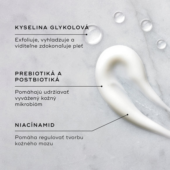 Vzorka krému The Balance Moisturiser je zobrazená na textúrovanom povrchu spolu s kvapkami Glycolic Acid Activator. Textové popisky zvýrazňujú kľúčové zložky: GLYCOLIC ACID exfoliuje, vyhladzuje a viditeľne zjemňuje pleť; PREBIOTICS & POSTBIOTICS pomáhajú udržiavať vyvážený kožný mikrobióm; a NIACINAMIDE pomáha regulovať tvorbu kožného mazu.
-hover-27