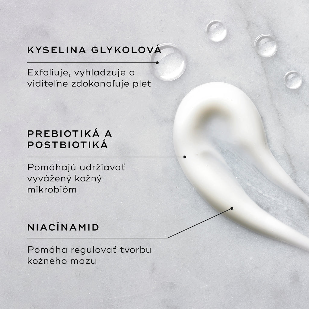 Vzorka krému The Balance Moisturiser je zobrazená na textúrovanom povrchu spolu s kvapkami Glycolic Acid Activator. Textové popisky zvýrazňujú kľúčové zložky: GLYCOLIC ACID exfoliuje, vyhladzuje a viditeľne zjemňuje pleť; PREBIOTICS & POSTBIOTICS pomáhajú udržiavať vyvážený kožný mikrobióm; a NIACINAMIDE pomáha regulovať tvorbu kožného mazu.
