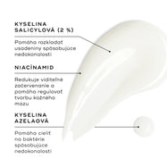 Vzorka Blemish SOS je zobrazená na bielom povrchu spolu s malou kvapkou. Textové popisky zvýrazňujú kľúčové zložky: kyselina salicylová (2 %) pomáha rozkladať usadeniny spôsobujúce nedokonalosti; niacínamid znižuje viditeľné začervenanie a pomáha regulovať tvorbu kožného mazu; a kyselina azelaová pomáha cieliť baktérie spôsobujúce nedokonalosti.
