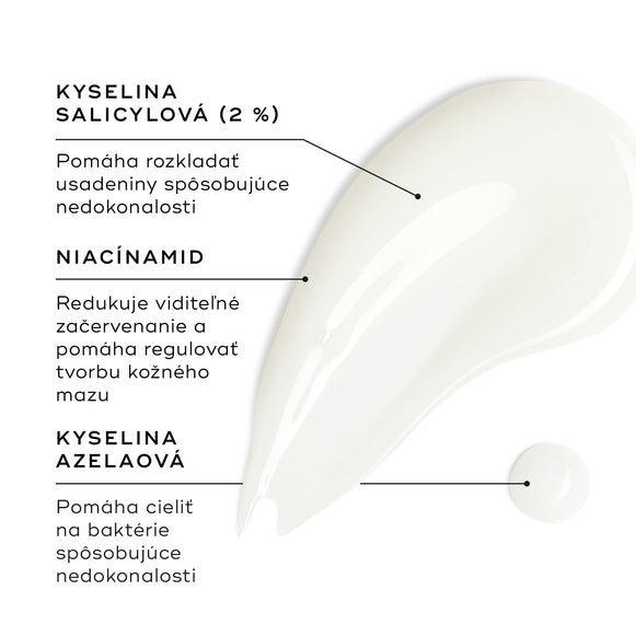 Vzorka Blemish SOS je zobrazená na bielom povrchu spolu s malou kvapkou. Textové popisky zvýrazňujú kľúčové zložky: kyselina salicylová (2 %) pomáha rozkladať usadeniny spôsobujúce nedokonalosti; niacínamid znižuje viditeľné začervenanie a pomáha regulovať tvorbu kožného mazu; a kyselina azelaová pomáha cieliť baktérie spôsobujúce nedokonalosti.
-hover-34