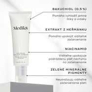 Na obrázku je tuba produktu Calmwise Colour Correct. V textových popiskoch sú vyzdvihnuté kľúčové zložky: BAKUCHIOL (0,5 %), EXTRAKT Z RUMANČEKA, NIACINAMID a ZELENÉ MINERÁLNE PIGMENTY
