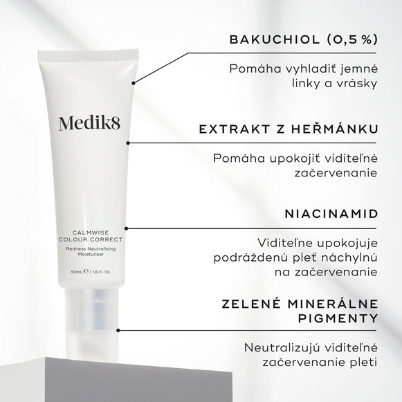 Na obrázku je tuba produktu Calmwise Colour Correct. V textových popiskoch sú vyzdvihnuté kľúčové zložky: BAKUCHIOL (0,5 %), EXTRAKT Z RUMANČEKA, NIACINAMID a ZELENÉ MINERÁLNE PIGMENTY-hover-41