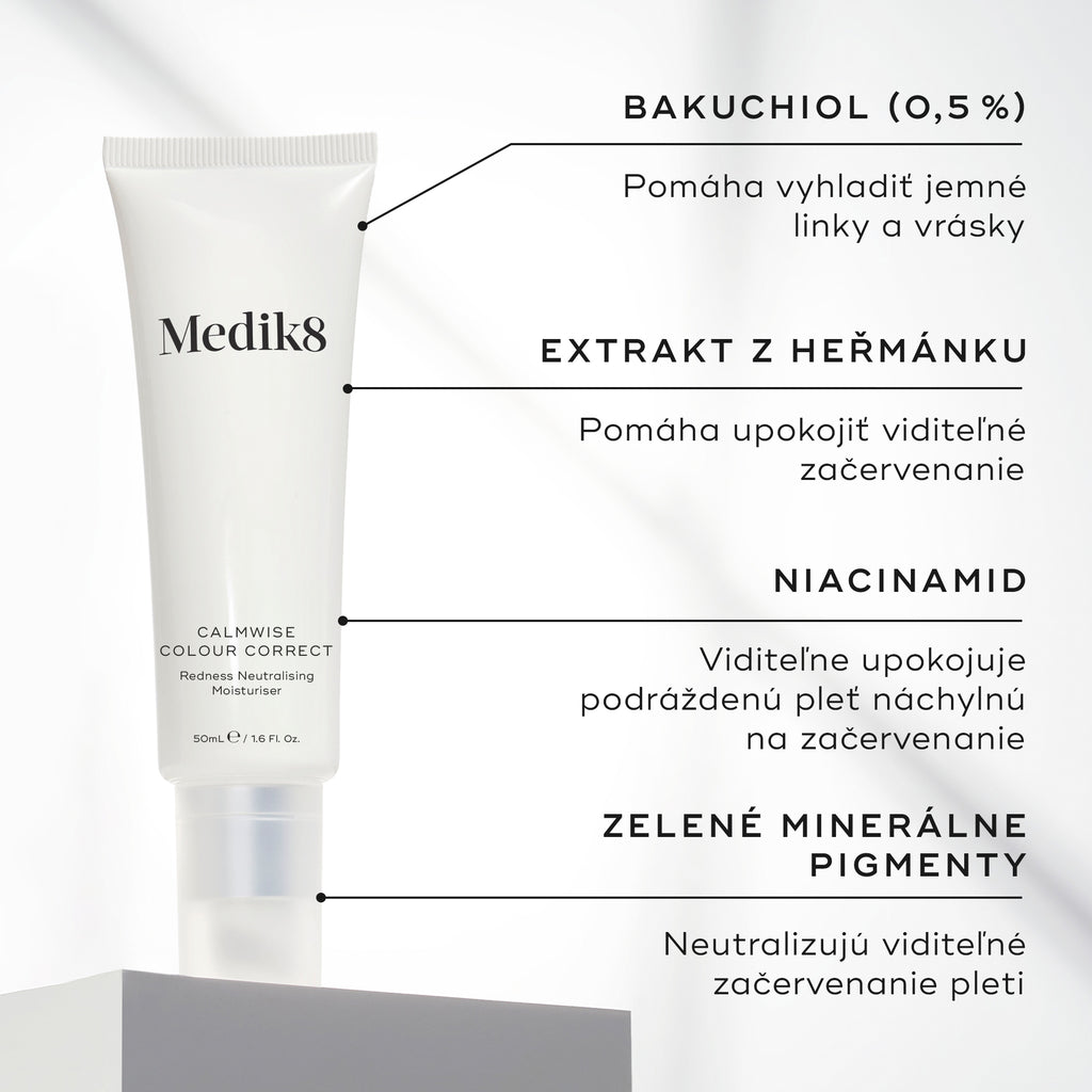 Na obrázku je tuba produktu Calmwise Colour Correct. V textových popiskoch sú vyzdvihnuté kľúčové zložky: BAKUCHIOL (0,5 %), EXTRAKT Z RUMANČEKA, NIACINAMID a ZELENÉ MINERÁLNE PIGMENTY