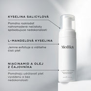 Fľaša s dávkovacím čerpadlom s čistiacou penou Medik8 stojí na bielom podstavci pred čistým sivým pozadím. Text vyzdvihuje kľúčové zložky: kyselinu salicylovú, ktorá rozkladá usadeniny spôsobujúce nedokonalosti pleti, kyselinu L-mandľovú pre jemné exfoliáciu a vyjasnenú pleť, a niacinamid a olej z čajovníka, ktoré pomáhajú udržiavať vyváženú pleť bez nedokonalostí.