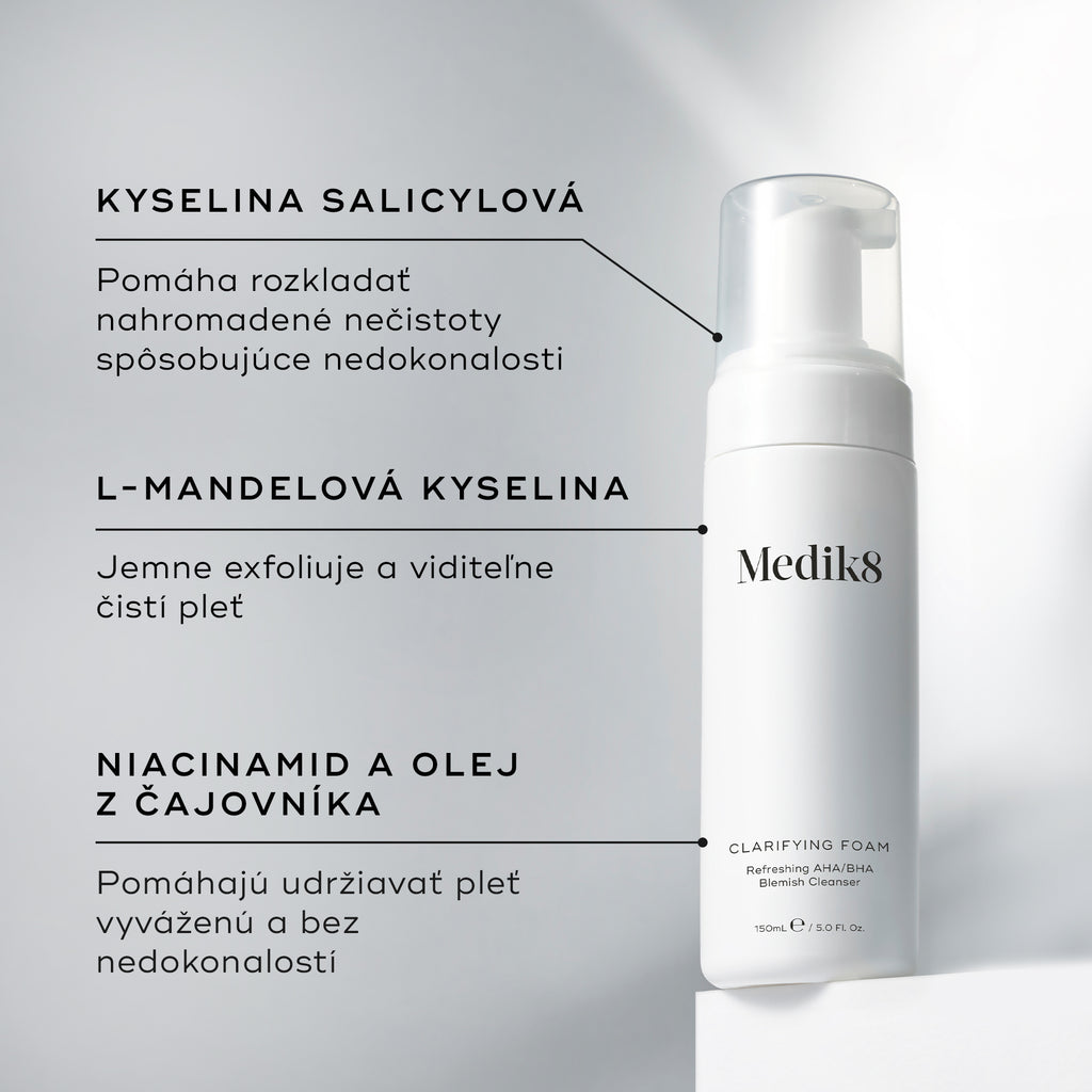 Fľaša s dávkovacím čerpadlom s čistiacou penou Medik8 stojí na bielom podstavci pred čistým sivým pozadím. Text vyzdvihuje kľúčové zložky: kyselinu salicylovú, ktorá rozkladá usadeniny spôsobujúce nedokonalosti pleti, kyselinu L-mandľovú pre jemné exfoliáciu a vyjasnenú pleť, a niacinamid a olej z čajovníka, ktoré pomáhajú udržiavať vyváženú pleť bez nedokonalostí.