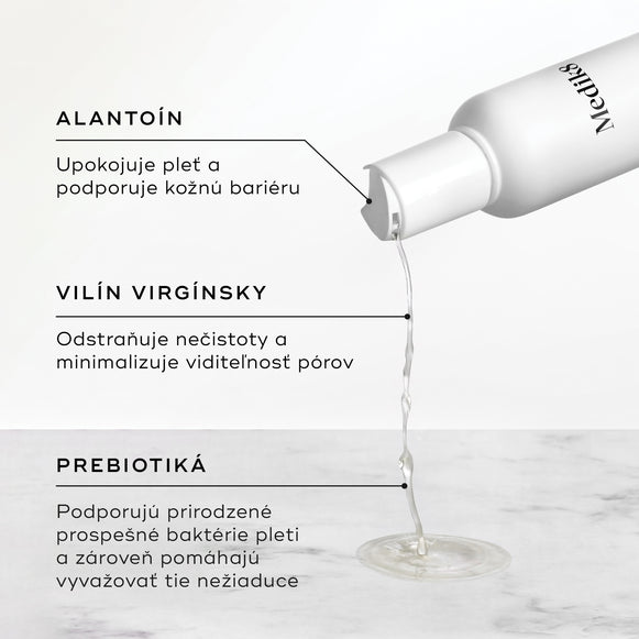 Z fľaštičky tonika Daily Refresh Balancing Toner sa vylieva tekutina, pričom text v grafike vyzdvihuje alantoín na upokojenie, hamamel (Witch Hazel) na stiahnutie pórov a prebiotiká na obnovu rovnováhy kožných baktérií.-hover-18