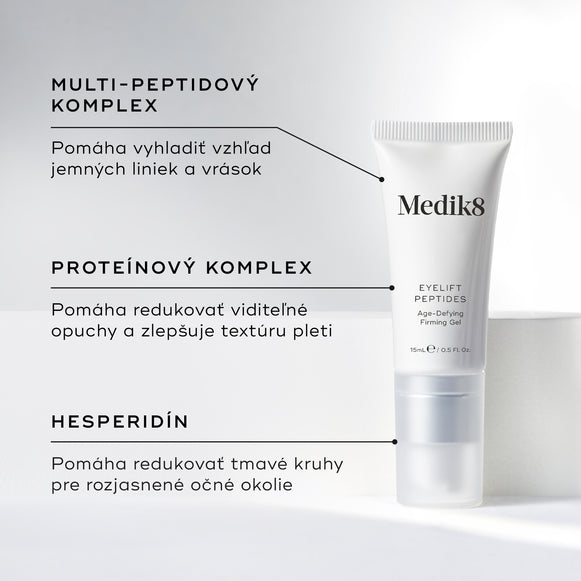 Biela tuba očného krému Eyelift Peptides je zobrazená s grafickými popiskami, ktoré zvýrazňujú kľúčové zložky: MULTI-PEPTIDE COMPLEX (multi-peptidový komplex), PROTEIN COMPLEX (proteínový komplex) a HESPERIDIN (hesperidín).-hover-29