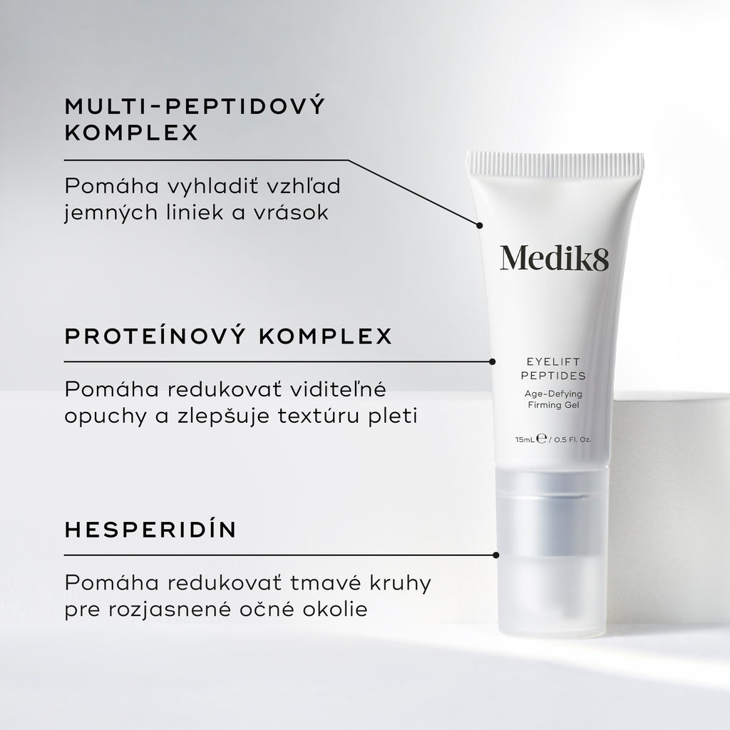 Biela tuba očného krému Eyelift Peptides je zobrazená s grafickými popiskami, ktoré zvýrazňujú kľúčové zložky: MULTI-PEPTIDE COMPLEX (multi-peptidový komplex), PROTEIN COMPLEX (proteínový komplex) a HESPERIDIN (hesperidín).