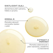 Tri kvapky oleja zobrazujú kľúčové zložky. Text zvýrazňuje svetlicový olej (Safflower Oil) pre výživu, omega-6 pre rovnováhu lipidov a extrakt z moringy na odstraňovanie nečistôt a znečistenia.
