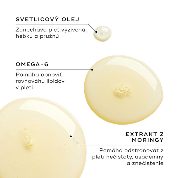 Tri kvapky oleja zobrazujú kľúčové zložky. Text zvýrazňuje svetlicový olej (Safflower Oil) pre výživu, omega-6 pre rovnováhu lipidov a extrakt z moringy na odstraňovanie nečistôt a znečistenia.
-hover-22
