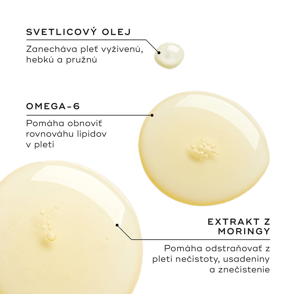 Tri kvapky oleja zobrazujú kľúčové zložky. Text zvýrazňuje svetlicový olej (Safflower Oil) pre výživu, omega-6 pre rovnováhu lipidov a extrakt z moringy na odstraňovanie nečistôt a znečistenia.
