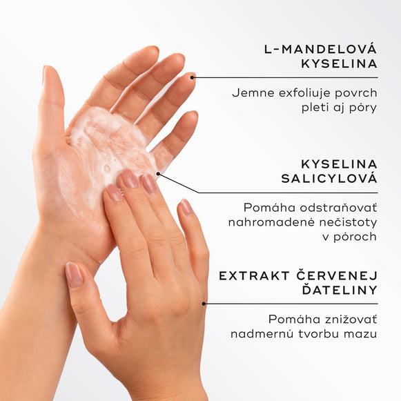Fotografia dvoch rúk, ktoré napenujú čistiaci gél, je zobrazená vedľa textu s kľúčovými zložkami, kde sa vyzdvihuje kyselina L-mandľová na exfoliáciu, kyselina salicylová na odstránenie nečistôt a extrakt z červenej dateliny na minimalizáciu nadbytočného kožného mazu.-hover-30