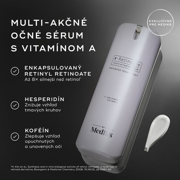Biela pumpičková fľaštička r-Retinoate Day & Night Eye Serum je zobrazená s textovými popiskami zvýrazňujúcimi kľúčové zložky: ENCAPSULATED RETINYL RETINOATE, HESPERIDIN a CAFFEINE. V spodnej časti je poznámka pod čiarou s citáciou k tvrdeniu o účinku retinolu.
-hover-43