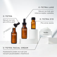 Kolekcia štyroch produktov Medik8 s vitamínom C vystavená na bielych kruhových podstavcoch na čistom bielom pozadí. Obrázok obsahuje: sérum C-Tetra zobrazené otvorené s potiahnutou sklenenou pipetou s popisom „Pleťové sérum pre citlivú pleť“, sérum C-Tetra Luxe s popisom „Pleťové sérum pre maximálne výsledky“, očné sérum C-Tetra Eye s popisom „Na očné okolie“ a otvorený kelímok krému C-Tetra s viditeľným bielym krémom a popisom „Pleťový hydratačný krém pre začínajúcich používateľov vitamínu C“.