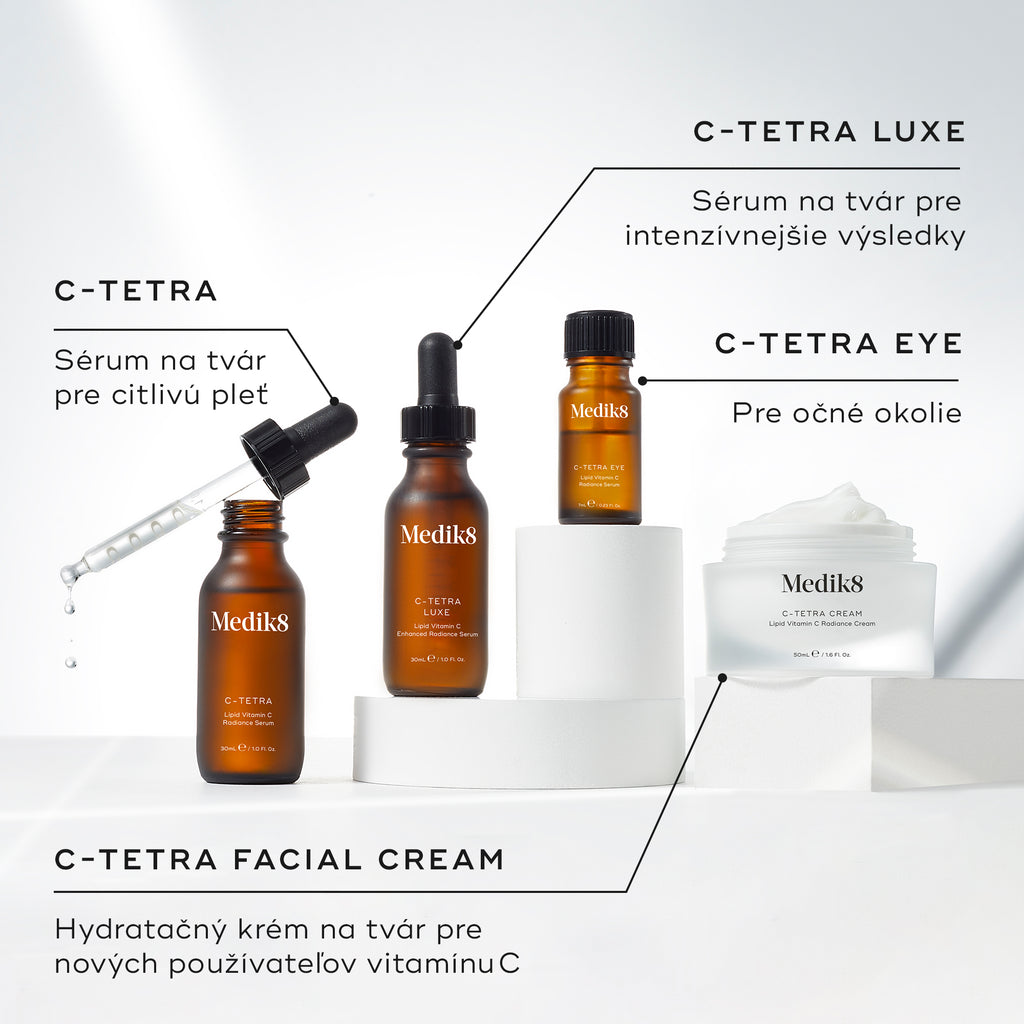 Kolekcia štyroch produktov Medik8 s vitamínom C vystavená na bielych kruhových podstavcoch na čistom bielom pozadí. Obrázok obsahuje: sérum C-Tetra zobrazené otvorené s potiahnutou sklenenou pipetou s popisom „Pleťové sérum pre citlivú pleť“, sérum C-Tetra Luxe s popisom „Pleťové sérum pre maximálne výsledky“, očné sérum C-Tetra Eye s popisom „Na očné okolie“ a otvorený kelímok krému C-Tetra s viditeľným bielym krémom a popisom „Pleťový hydratačný krém pre začínajúcich používateľov vitamínu C“.