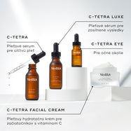 Produktová rada Medik8 C-Tetra vystavená na bielych podstavcoch, vrátane séra na tvár C-Tetra, séra na tvár C-Tetra Luxe, fľaštičky séra na oči C-Tetra a kelímku krému C-Tetra.