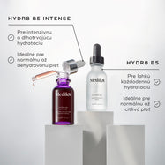 Fľaštičky Medik8 Hydr8 B5 Intense a Hydr8 B5 stoja na bielych podstavcoch na čistom, jasnom pozadí. Text uvádza benefity Hydr8 B5 Intense ako „pre zosilnenú, dlhotrvajúcu hydratáciu“ a „ideálny pre normálnu až dehydratovanú pleť“. Benefity Hydr8 B5 zahŕňajú „pre ľahkú každodennú hydratáciu“ a „ideálny pre normálnu až citlivú pleť“.

