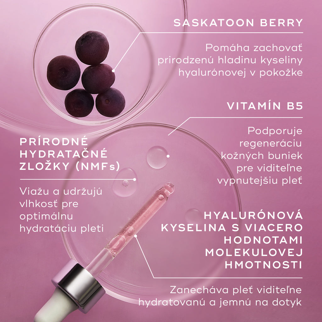 Záber na hlavné zložky prípravku Medik8 Hydr8 B5 Intense na fialovom pozadí s Petriho miskami a kvapkadlom. Text uvádza, že bobule saskatoon pomáhajú udržiavať prirodzenú hladinu kyseliny hyalurónovej, vitamín B5 podporuje regeneráciu kožných buniek, prírodné hydratačné faktory (NMF) viažu a udržujú vlhkosť a kyselina hyalurónová s rôznou molekulovou hmotnosťou zanecháva pleť viditeľne hydratovanú a pružnú.
