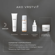 Návod „Ako vrstviť“, v ktorom sú na tmavosivom pozadí zobrazené štyri produkty: „SURFACE RADIANCE CLEANSER“, „PRESS & GLOW“, TARGET a VITAMIN A + MOISTURISER