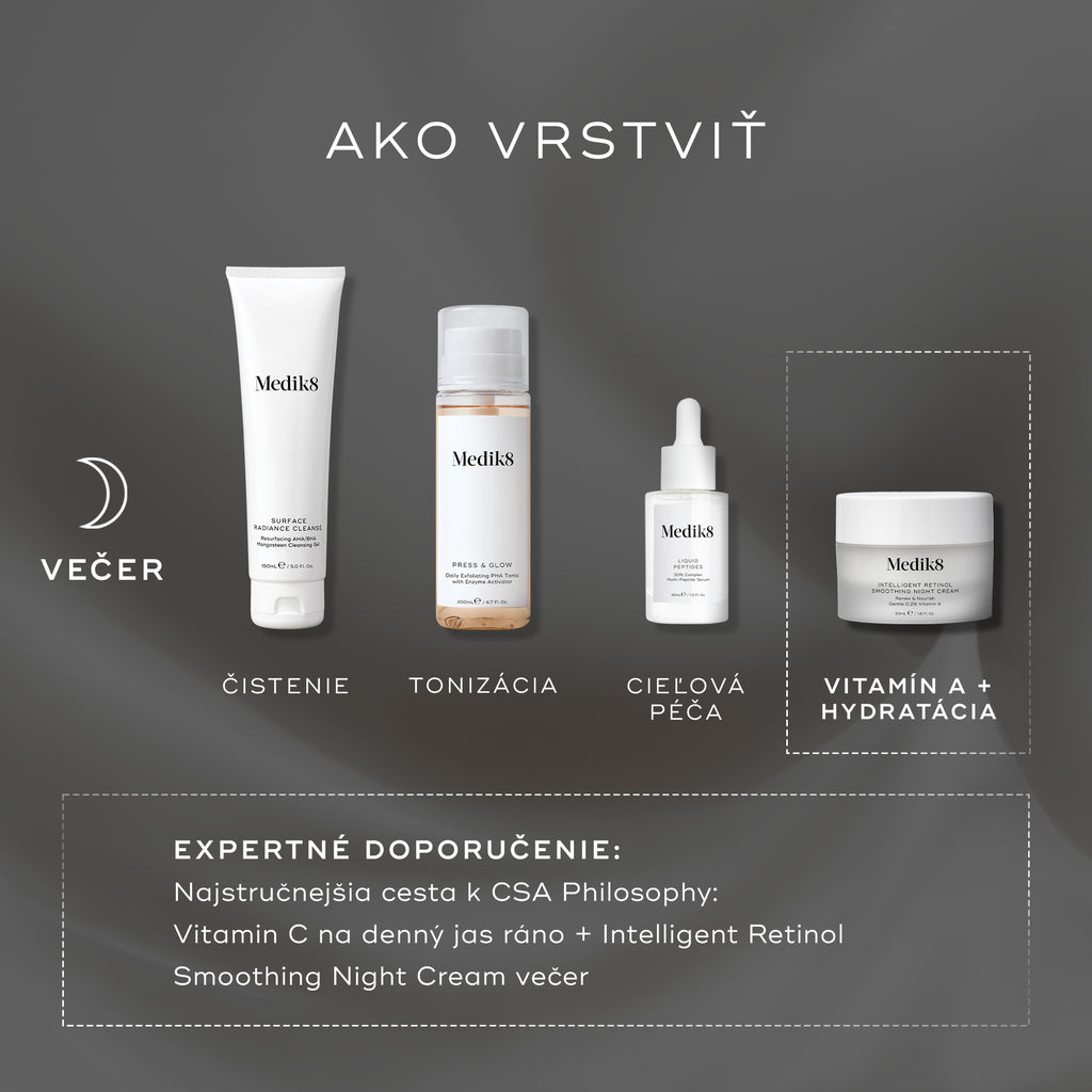 Návod „Ako vrstviť“, v ktorom sú na tmavosivom pozadí zobrazené štyri produkty: „SURFACE RADIANCE CLEANSER“, „PRESS & GLOW“, TARGET a VITAMIN A + MOISTURISER