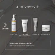Infografika „How to Layer“ zobrazuje večernú (PM) rutinu starostlivosti o pleť v správnom poradí: čistenie, cieľová starostlivosť (Natural Clay Mask), vitamín A a následne hydratačný krém.
