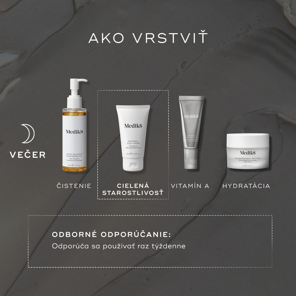 Infografika „How to Layer“ zobrazuje večernú (PM) rutinu starostlivosti o pleť v správnom poradí: čistenie, cieľová starostlivosť (Natural Clay Mask), vitamín A a následne hydratačný krém.
