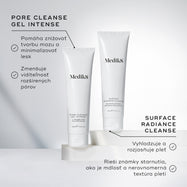 Tuba čistiaceho gélu Pore Cleanse Gel Intense stojí vedľa tuby čistiaceho produktu Surface Radiance Cleanse, pričom sprievodný text vyzdvihuje gél pre jeho schopnosť minimalizovať lesk a póry, zatiaľ čo druhý čistiaci produkt pleť vyhladzuje a bojuje proti známkam starnutia.