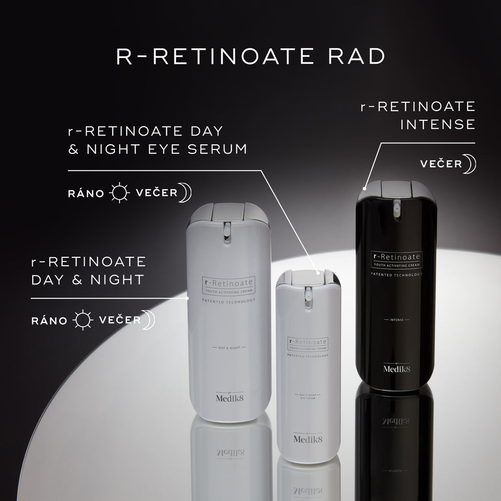 Zobrazenie radu THE R-RETINOATE RANGE vrátane produktov r-Retinoate Day & Night Eye Serum, r-Retinoate Day & Night a r-Retinoate Intense. Všetky fľaštičky obsahujú PATENTED TECHNOLOGY (patentovanú technológiu).
