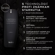 Fľaštička krému Medik8 r-Retinoate Intense je zobrazená na tmavom, jemne rozostrenom pozadí. Text zvýrazňuje 5 technológií proti starnutiu: enkapsulovaný retinyl retinoát, retinal, komplex ceramidov, cielený peptid (drone-targeted peptide) a kyselina hyalurónová.
