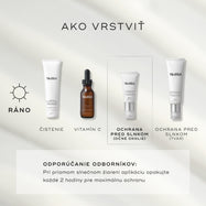Štyri produkty Medik8 sú usporiadané pre rannú rutinu starostlivosti o pleť na svetlosivom pozadí. Jednotlivé kroky zahŕňajú Surface Radiance Cleanse, C-Tetra Luxe (vitamín C), Advanced Day Eye Protect (ochrana očného okolia so SPF) a Advanced Day Total Protect (ochrana tváre so SPF). Odborné odporúčanie uvádza, že pri priamom slnečnom žiarení je potrebné aplikáciu opakovať každé 2 hodiny.