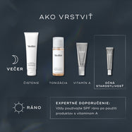 Schéma vrstvenia v rámci večerného režimu starostlivosti o pleť. Zahŕňa čistenie (Medik8 Surface Radiance Cleanse), tonizáciu (Medik8 Press & Glow), vitamín A (Medik8 Crystal Retinal) a starostlivosť o očné okolie (Medik8 Crystal Retinal Ceramide Eye). Odborníci v rámci ranného režimu odporúčajú nanášať opaľovací krém až po aplikácii prípravkov s vitamínom A.