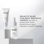 Priehľadná sklenená fľaštička séra Liquid Peptides je zobrazená spolu s tubou očného krému Eyelift Peptides, pričom sprievodný text uvádza: „OBJAVTE SILNÉ VÝSLEDKY V REDUKCII VRÁSOK pre tvár aj jemné očné okolie spojením Liquid Peptides s Eyelift Peptides.“