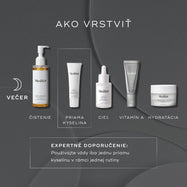 Tmavá, minimalistická grafika s názvom „Ako vrstviť“ venovaná nočnej starostlivosti o pleť, s ikonou mesiaca a večernou rutinou. Produkty Medik8 sú zobrazené v poradí s textom pod každým z nich: „Čistenie“ (Lipid-Balance Cleansing Oil), „Priama kyselina“ (Sleep Glycolic), „Cielené pôsobenie“ (Liquid Peptides), „Vitamín A“ (Crystal Retinal) a „Hydratácia“ (Advanced Night Restore). Bodkovaný rámček zvýrazňuje krok „Direct Acid“. Pod ním je nápis: „Odborná rada: V rámci jedného režimu používajte len jednu pria