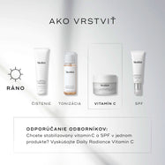 Sprievodca vrstvením Medik8 s názvom „HOW TO LAYER“ (Ako vrstviť) na čistom bielom pozadí s jemnými svetelnými lúčmi. Ikona slnka (AM) označuje štvorfázovú rannú rutinu, pričom tretí krok je zvýraznený prerušovaným rámčekom: 1. ČISTENIE (CLEANSE): tuba Medik8 Surface Radiance Cleanse, 2. TONIZÁCIA (TONE): fľaštička Medik8 Press & Glow, 3. VITAMÍN C: kelímok krému Medik8 C-Tetra Cream a 4. OPAĽOVACÍ KRÉM (SUNSCREEN): tuba Medik8 Advanced Day Ultimate Protect. Prerušovaný rámček v spodnej časti obsahuje ODBOR