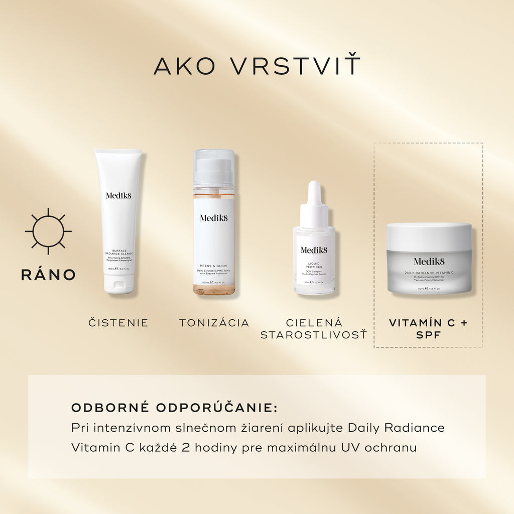 How to Layer“ AM sprievodca zobrazuje Medik8 Daily Radiance Vitamin C ako finálny krok „vitamín C + SPF“. Ranná rutina začína Surface Radiance Cleanse (čistenie), pokračuje Press & Glow (tonizácia) a Liquid Peptides (cieľová starostlivosť). Odborné odporúčanie uvádza, že pri silnom slnečnom žiarení je potrebné opätovné nanesenie každé 2 hodiny pre maximálnu UV ochranu.
