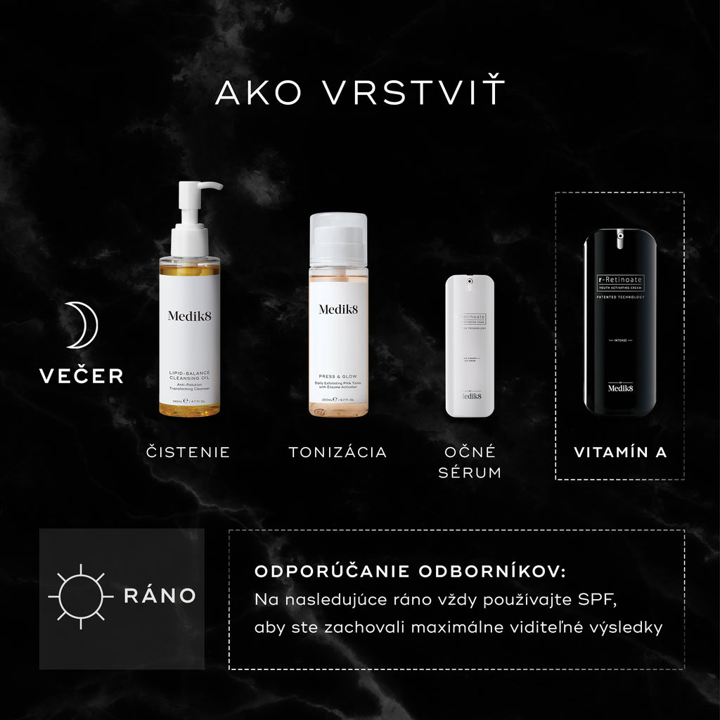 Infografika s názvom „HOW TO LAYER“ zobrazuje večernú (PM) rutinu: čistiaci olej Medik8 Lipid-Balance Cleansing Oil na čistenie, Press & Glow na tonizáciu, r-Retinoate Eye na očné okolie a r-Retinoate Intense ako vitamín A krok. Odborné odporúčanie uvádza, že nasledujúce ráno je potrebné vždy použiť opaľovací krém.
