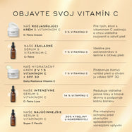 A comparison chart titled “Find Your Vitamin C” features five different products. Daily Radiance Vitamin C is shown as a 2-in-1 Vitamin C + SPF 30 moisturiser containing 7% Vitamin C, described as boosting skin radiance and protecting the complexion with SPF 30.
